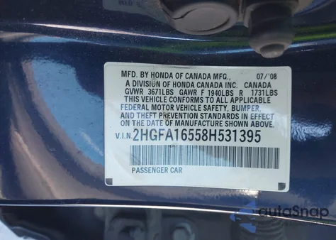 2008 Honda Civic Lx z USA, uszkodzony, nr VIN 2HGFA16558H531395